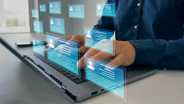 Human resource manager checks CV online to choose perfect employee for his business work. Online technology for simplifying human resources system management.	