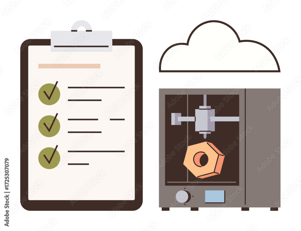 Poster 3d printer crafting object next to checklist with checkmarks and cloud symbol. ideal for technology,