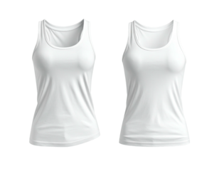 Two white women's tank tops displayed frontally, side-by-side