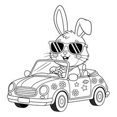 Bunny coloring page. Cute cartoon bunny illustration. Cool rabbit wearing sunglasses and driving a decorated convertible car. Fun coloring sheet for kids.