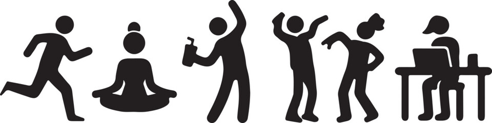 Diverse human activity silhouettes showing exercise meditation dancing work and leisure representing modern lifestyle vector
