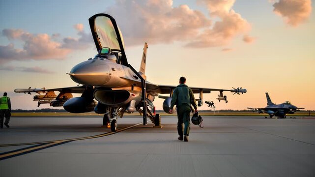 A fighter pilot walks towards his aircraft in a military airbase during sunset. The skies are colorful, creating a dramatic backdrop for the scene. Other planes are visible nearby
