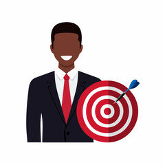 Business professional with a dart hitting the bullseye on a target board representing success