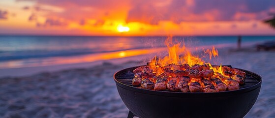 Sunset Beach BBQ: Tropical Grill Feast Under a Vibrant Sky