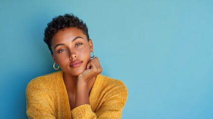 African American young woman with curly hair rests her chin on her hand, dressed in a yellow sweater, set against a soft light blue backdrop, radiating calmness and introspection