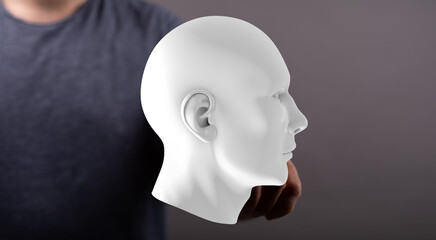 Digital concept, human head model, AI, technology, innovation, future, thinking, mind, brain, ideas, creativity, concept, design, 3D