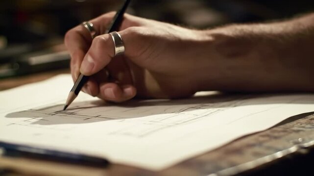 Close-up of a hand sketching architectural blueprints on paper with a pencil, wearing rings