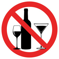 No Alcohol Sign with Wine Bottle and Glasses.