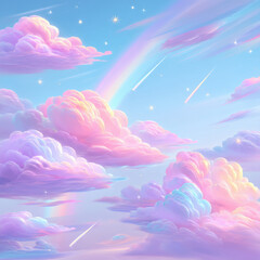 Colorful Pastel Clouds with Rainbow and Stars in Dreamy Sky