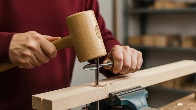 A person using a mallet and chisel on a piece of wood clamped in a vise for woodworking project