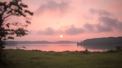 A serene sunrise paints the tranquil lake with soft pink hues, a peaceful landscape of gentle hills and a grassy shoreline.