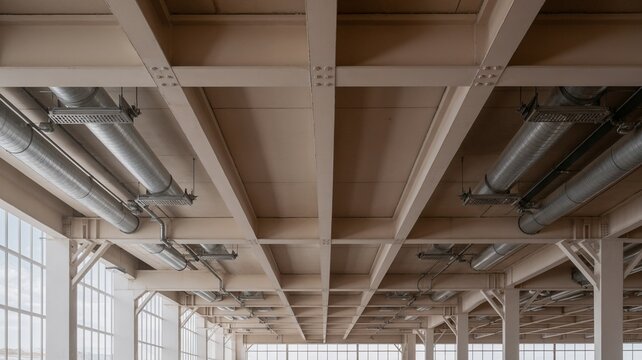 Wide view of exposed industrial beams and ducts in modern structure - Powered by Adobe