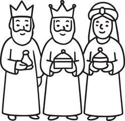 Wise Men's Gift: Three wise figures, each adorned with crowns and headwear, hold out ornate vessels, representing their offerings.