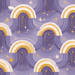 Pastel Seamless Pattern of Rainbows and Stars in Soft Lilac Color