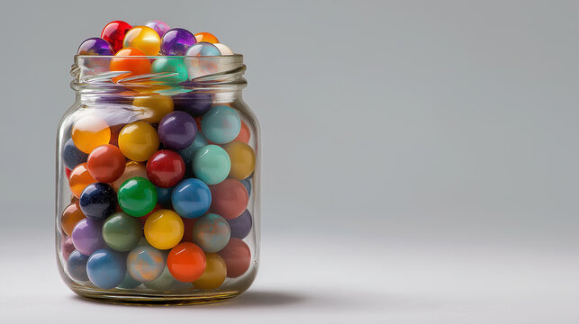 A clear glass mason jar filled with a colorful assortment of jelly beans against a neutral grey background - Powered by Adobe