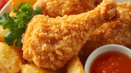 crispy golden fried chicken with sauce and potatoes