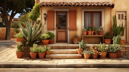 Charming facade with potted plants galore