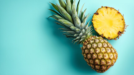 Fresh whole pineapple and a sliced half pineapple on a bright teal blue background