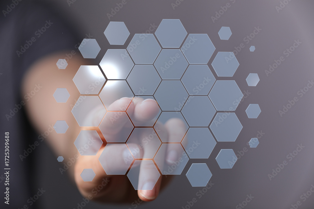 Poster abstract technology concept. finger touches digital hexagons. futuristic interface.