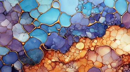 Golden-outlined fluid art in blues, purples