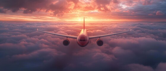 Sunset Flight Above the Clouds: An Aerial View of a Passenger Airplane Soaring Through a Breathtaking Sky