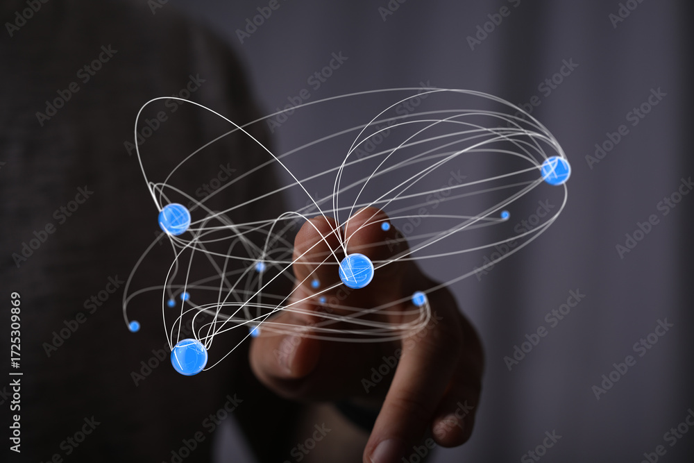 Poster abstract image of interconnected nodes, representing global network, digital transformation, and inn