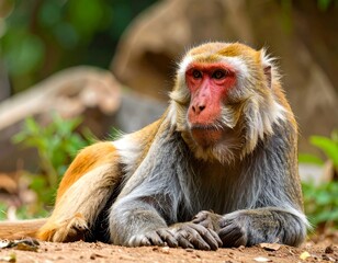 Naklejka premium A primate rests on the ground, gazing intently