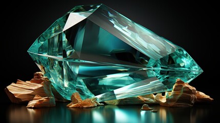 Aquamarine crystal gem on wooden fragments