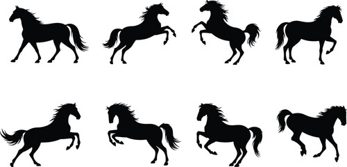 Collection of powerful horse silhouettes in various running and rearing poses, a detailed flat vector illustration set for equestrian and animal design