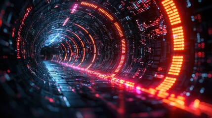 Obraz premium Neon-Lit Futuristic Corridor: A Digital Journey Through Cyberspace