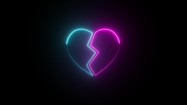 neon broken pink heart icon animation with glowing reflection on black background