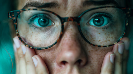 Woman's close-up portrait with intense eyes and eyeglasses showing emotion, expressing anxiety with hands on her face.