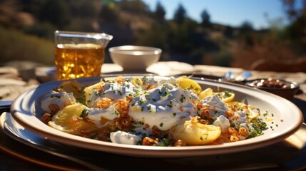 Delicious salad with scenic outdoor background