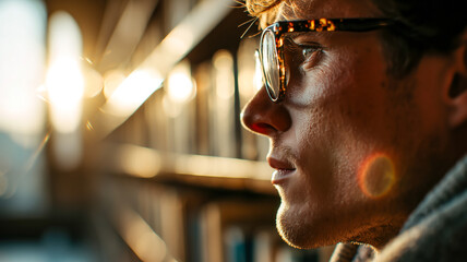 Focused man with glasses looking into the distance, illuminated by warm sunlight. Profile view, thoughtful and contemplative mood.