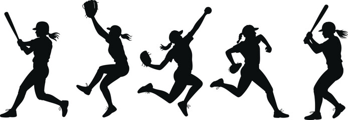 Collection of women softball and baseball players in action, black silhouettes of batting, pitching, fielding, and running poses, a vector set