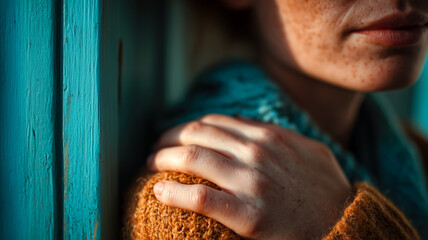 Thoughtful pose of a woman with freckles, showcasing hand and shoulder. The soft natural light enhances texture and emotion.