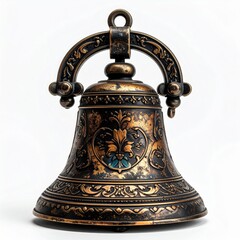 Fototapeta premium Ornate Bell with Bronze Patina Isolated on White Background Studio Shot