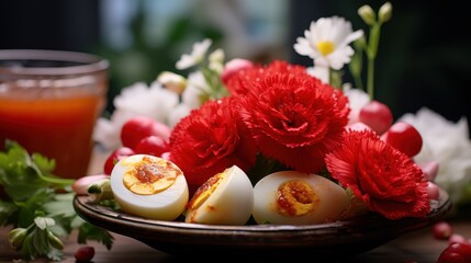 Elegant deviled eggs among red carnations