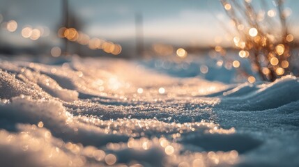 Minimalist snowy landscape with soft bokeh lights, dreamy icy-blue and golden glow, shallow depth of field, wide panoramic winter backdrop
