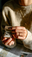 Close-up of hands showcasing rings; one in a display box, the other worn, suggesting a special moment or commitment.