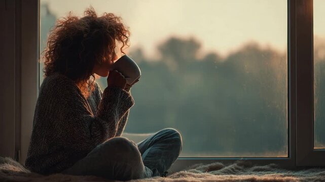 Serene Moment with Morning Tea: A woman, enveloped in cozy tranquility, sips from a cup of tea, gazing out at the dawn of a new day, embodying introspection and peacefulness.