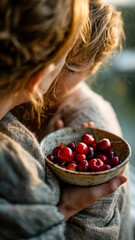 A person is holding a bowl of red cherries. The light is soft, and the background is slightly blurred, focusing on the ripe fruit.