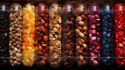 Colorful assortment of seeds in clear tubes