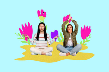 Collage with funny people among colorful flowers symbolizing family parentship friendship love dating romance relationships