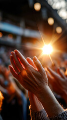 Audience members' hands clapping, sun shining, and lights flickering in the background as they show their support and appreciation.