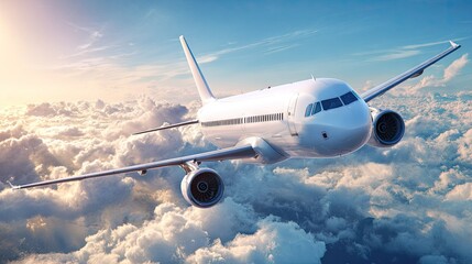 Naklejka premium White jet plane soaring through fluffy clouds.