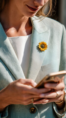 Stylish woman in blazer uses her smartphone. Chic sunflower brooch adds a touch of sunshine to her sophisticated attire.