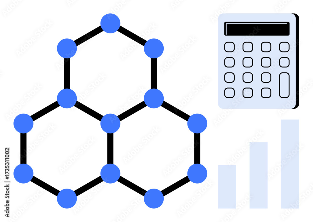 Poster molecular hexagonal structure with connected points, calculator, and bar graph symbolizing research,