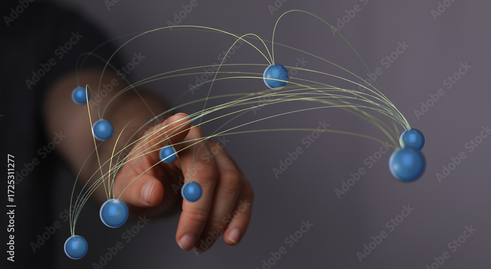 Poster abstract image of hand interacting with digital network spheres. perfect for technology, connection,