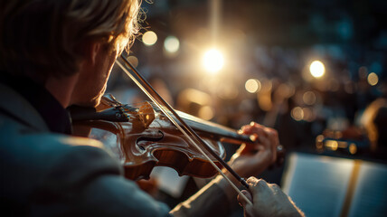 Violinist performing in concert, bathed in warm light, creating an evocative and immersive musical experience. 